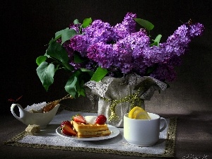 cake, dishes, bouquet, Amaranth, lilac