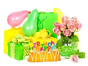 cake, gifts, balloons, Flowers