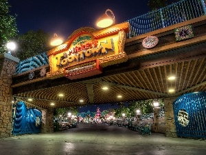 California, Neon, Disneyland, Street, USA, bridge
