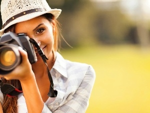 Camera, Hat, smiling, Park, girl