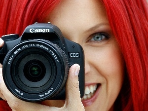 Camera, girl, smiling, redhead