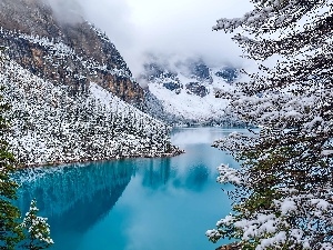 winter, Canada, forest, Fog, lake, Moraine, Mountains, Lake