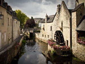 canal, by, Windmill, Houses, water