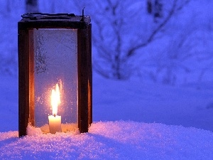 candle, lantern, winter, Big Fire, snow