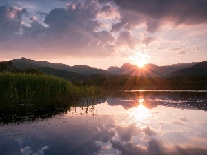 cane, lake, west, Mountains, sun