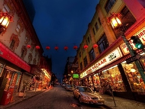 cars, Street, Chinatown, Houses