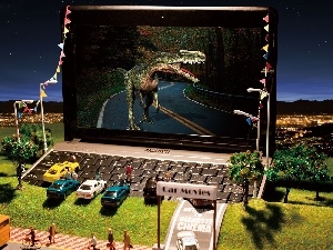 dinosaur, cars, laptop