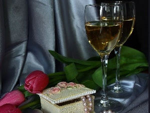 casket, Wines, Tulips, glasses