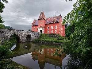 trees, bridge, River, Czech Republic, viewes, Cervena Lhota Castle