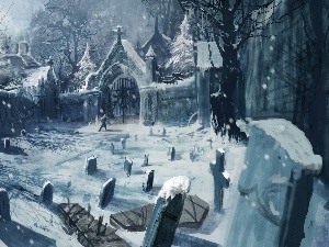 snow, cemetery, winter