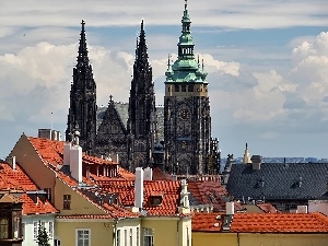 clouds, Houses, St. witta, Czech Republic, roofs, Prague, chair