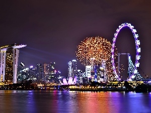 night, fireworks, Town, Hotel hall, Singapur, Marina Bay Stands, cheerful