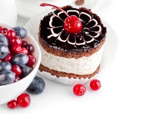 blueberries, cherries, cake