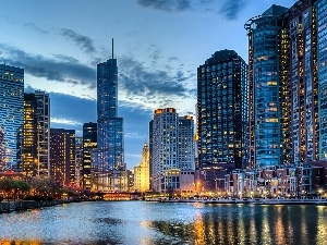 Chicago, clouds, River, USA, skyscrapers