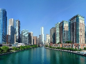 Chicago, River, skyscrapers, USA, clouds