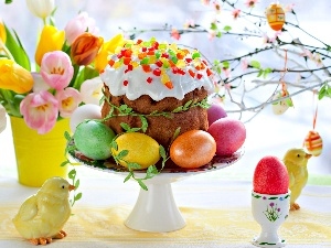 chickens, easter, Tulips, cake, eggs