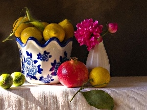 china, navy blue, Colourfull Flowers, lemons