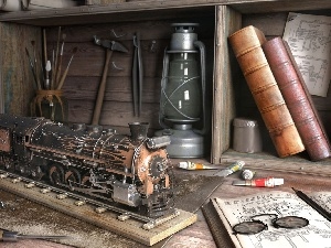 chisel, hammer, locomotive, Lamp, Books