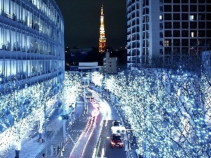 Christmas, trees, viewes, Tokio, decoration, night