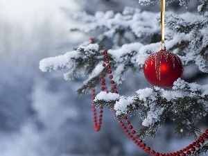 christmas tree, snow, bauble