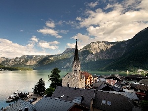 church, Town, lake, Mountains