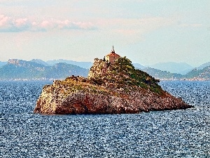 Church, Islet, Mountains, sea