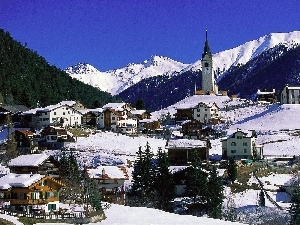 Church, Houses, Mountains, Switzerland, woods