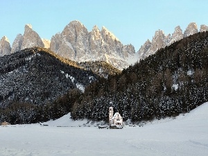 Church, forest, winter, Mountains