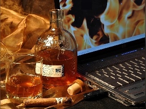cigar, cognac, A glass, laptop, Bottle