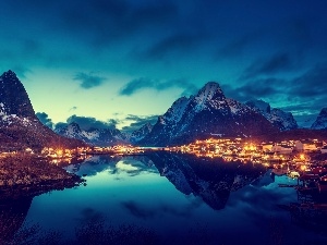 City at Night, light, Mountains, lake