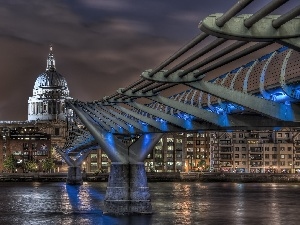 London, City at Night, Millenium Bridge, England, River