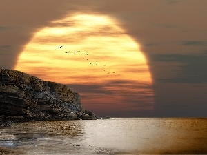 cliff, birds, west, sun
