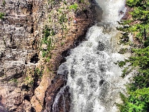 climbers, trees, waterfall, rocks