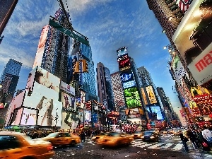 clouds, skyscrapers, Manhattan, advertising, 7 Avenue