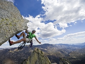 clouds, climbing, rocks, a man