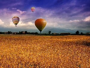 clouds, corn, Balloons, Field