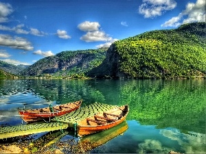 clouds, lake, boats, Mountains