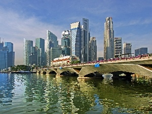 clouds, skyscrapers, panorama, bridge, town