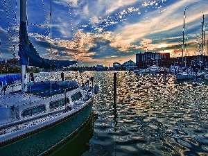 clouds, Sky, lake, buildings, Boats
