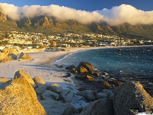 clouds, Cliffs, sea, buildings, Stones