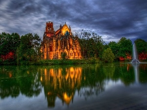 clouds, lake, Castle, fountain