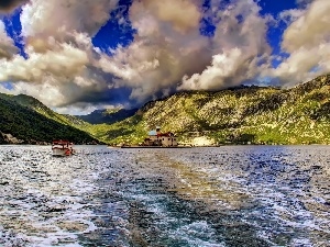 clouds, bath-tub, lake, Church, Mountains