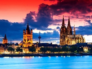 clouds, River, Cologne, chair