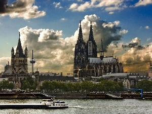 clouds, River, Cologne, chair