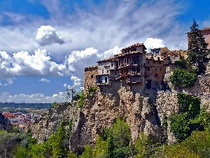 clouds, VEGETATION, Houses, Cuenca, rocks