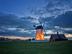 clouds, village, Windmill, England, Meadow
