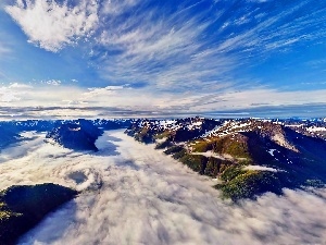 Over the Fjords, rays, sun, Mountains, Aerial View, clouds