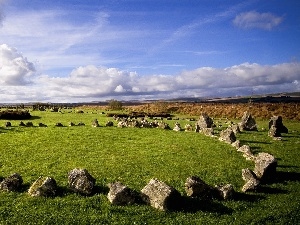 grass, clouds, Stones