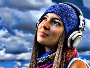 HEADPHONES, clouds, girl