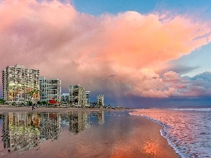 clouds, Beaches, Hotels, sea